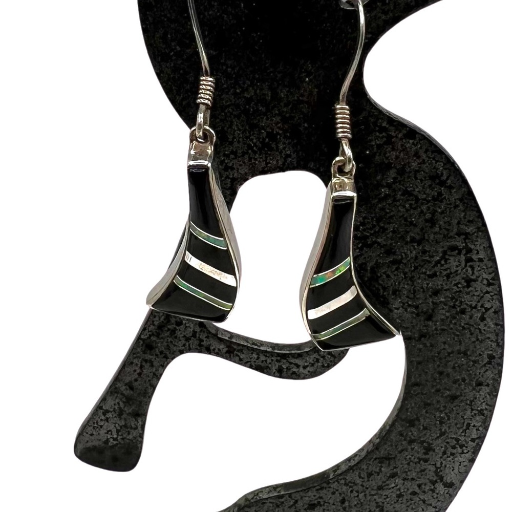 Navajo Sterling Silver Onyx Lab Opal Multi Stone Mosaic Inlay Dangle Earrings